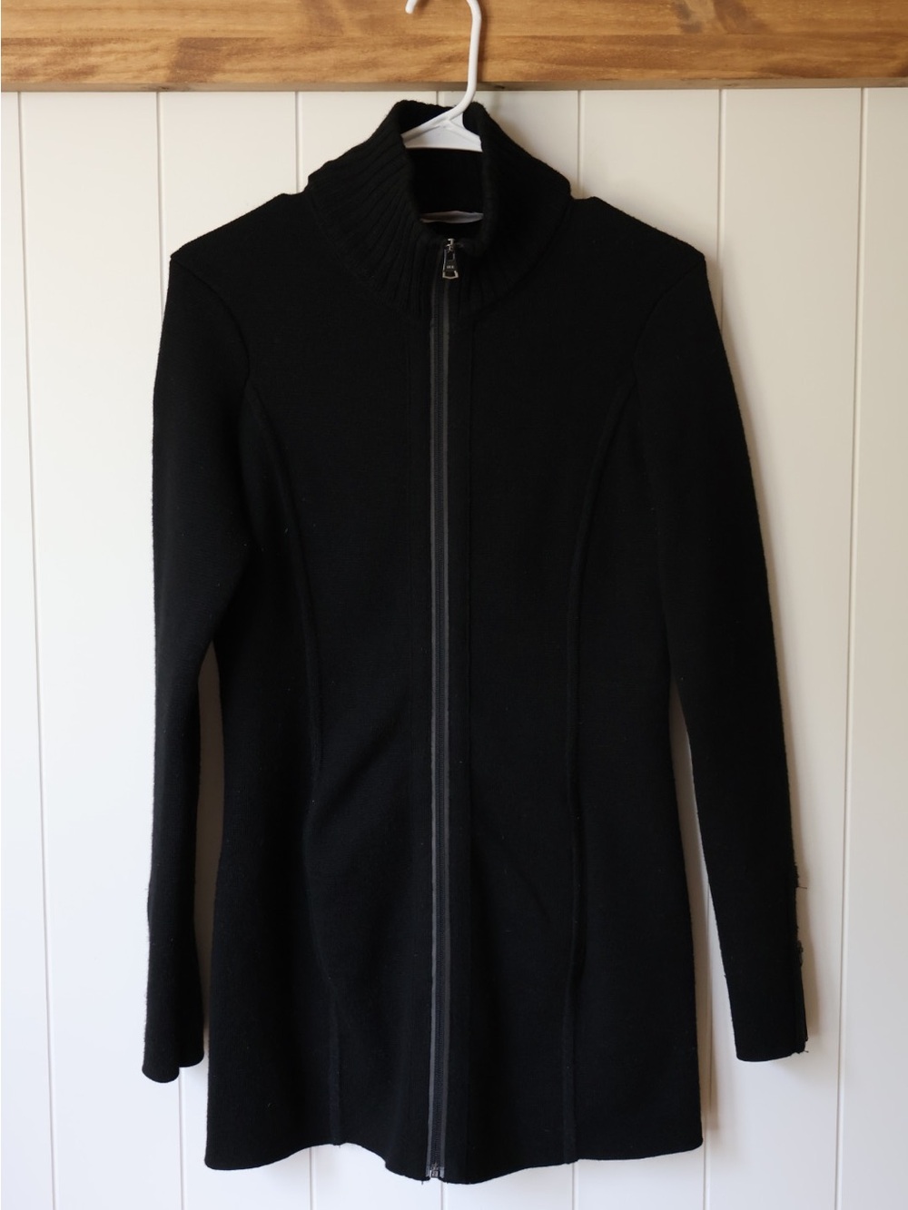 Athleta Merino Wool Black Zip-Front Trench Coat with Stand Collar
